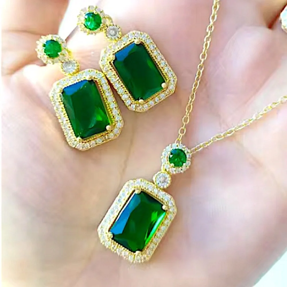Emerald Gold Plated Zircon Charm Pendant Necklace Matching Earrings Set